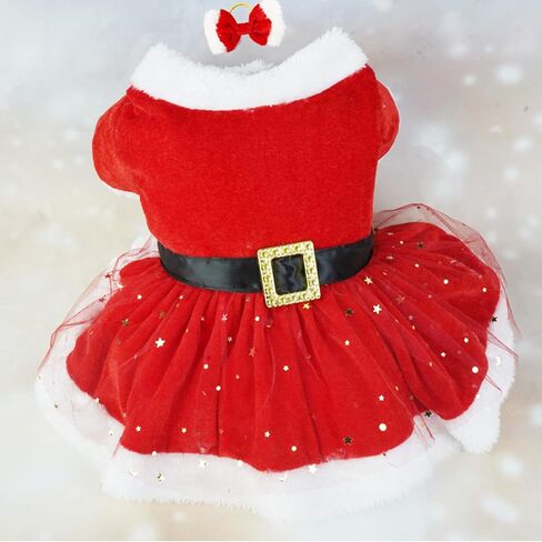 Santa Christmas Pet Costume, Christmas Santa Claus Dog Cat Costume with Headdress, Funny Pet Christmas Mesh Dress Cosplay Winter Warm Clothes Outfit Apparel Adjustable for Dogs in Saudi Arabia