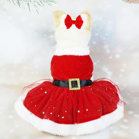 Santa Christmas Pet Costume, Christmas Santa Claus Dog Cat Costume with Headdress, Funny Pet Christmas Mesh Dress Cosplay Winter Warm Clothes Outfit Apparel Adjustable for Dogs in Saudi Arabia