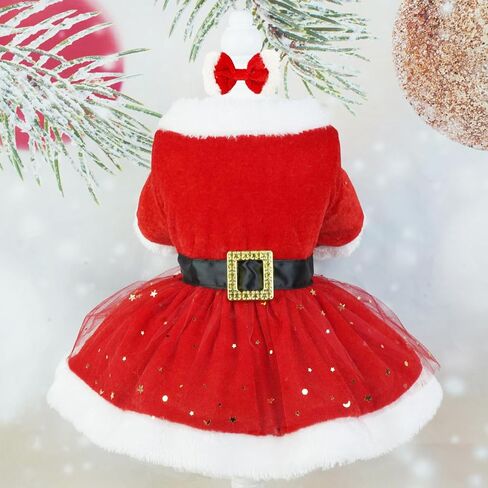 Santa Christmas Pet Costume, Christmas Santa Claus Dog Cat Costume with Headdress, Funny Pet Christmas Mesh Dress Cosplay Winter Warm Clothes Outfit Apparel Adjustable for Dogs in Saudi Arabia