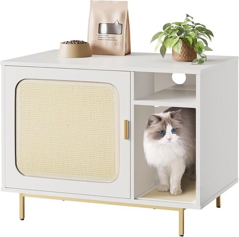 Cat Litter Box Enclosure, Hidden Cat Litter Furniture with 2 Removable Scratching Mat, Indoor Cat House with Storage Shelf, Side End Table, 31.5 x 19.7 x 24 inches, White and Gold CB82613A in Saudi Arabia