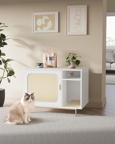 Cat Litter Box Enclosure, Hidden Cat Litter Furniture with 2 Removable Scratching Mat, Indoor Cat House with Storage Shelf, Side End Table, 31.5 x 19.7 x 24 inches, White and Gold CB82613A in Saudi Arabia