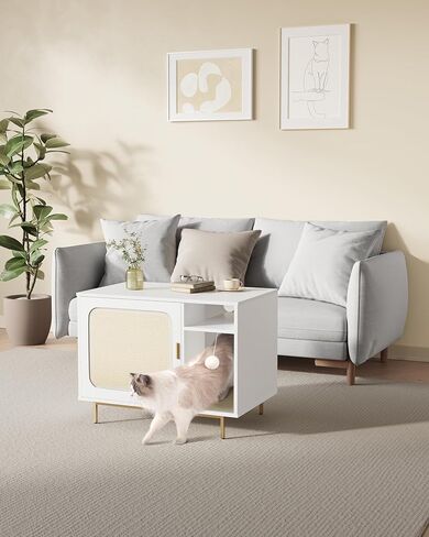 Cat Litter Box Enclosure, Hidden Cat Litter Furniture with 2 Removable Scratching Mat, Indoor Cat House with Storage Shelf, Side End Table, 31.5 x 19.7 x 24 inches, White and Gold CB82613A in Saudi Arabia