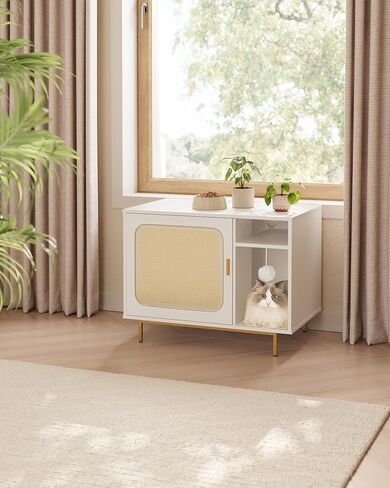Cat Litter Box Enclosure, Hidden Cat Litter Furniture with 2 Removable Scratching Mat, Indoor Cat House with Storage Shelf, Side End Table, 31.5 x 19.7 x 24 inches, White and Gold CB82613A in Saudi Arabia