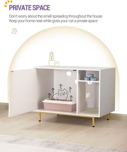 Cat Litter Box Enclosure, Hidden Cat Litter Furniture with 2 Removable Scratching Mat, Indoor Cat House with Storage Shelf, Side End Table, 31.5 x 19.7 x 24 inches, White and Gold CB82613A in Saudi Arabia