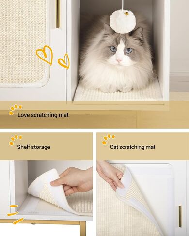 Cat Litter Box Enclosure, Hidden Cat Litter Furniture with 2 Removable Scratching Mat, Indoor Cat House with Storage Shelf, Side End Table, 31.5 x 19.7 x 24 inches, White and Gold CB82613A in Saudi Arabia
