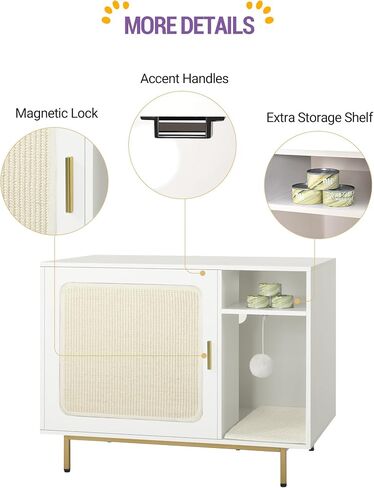 Cat Litter Box Enclosure, Hidden Cat Litter Furniture with 2 Removable Scratching Mat, Indoor Cat House with Storage Shelf, Side End Table, 31.5 x 19.7 x 24 inches, White and Gold CB82613A in Saudi Arabia
