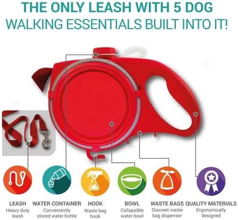 Clabian Dog Leash | Pet Leash with Poop Bags Dispenser | Heavy Duty Leash | Water Container with Retractable Bowl, Medium, Red in Saudi Arabia
