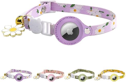 Airtag Cat Collar, Kitten Collar Breakaway with Leather Airtag Holder, Adjustable Cat GPS Tracker Collar, Bells & Flower Charm for Girl Cats Boy Cats Small Dogs (Purple) in Saudi Arabia