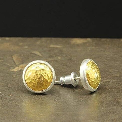 Caprixus 925 Sterling Silver Stud Earrings for Women Dome Pebble Stud Earrings 24K Gold Vermeil 2 Tone Gold and Silver Designer Handmade Hammered Minimalist Jewelry for Women Turkish Fine Jewelry in Saudi Arabia