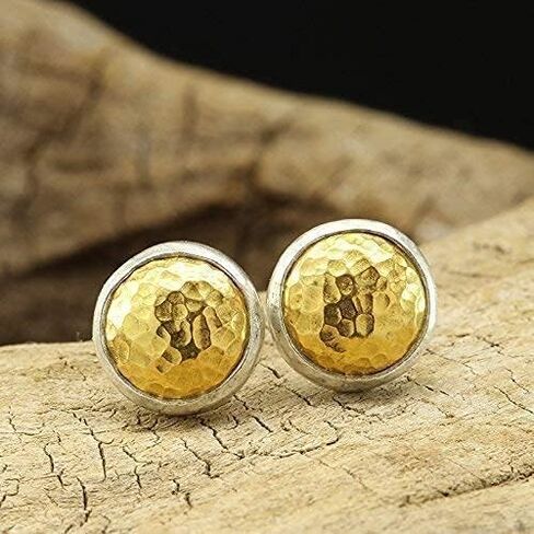 Caprixus 925 Sterling Silver Stud Earrings for Women Dome Pebble Stud Earrings 24K Gold Vermeil 2 Tone Gold and Silver Designer Handmade Hammered Minimalist Jewelry for Women Turkish Fine Jewelry in Saudi Arabia