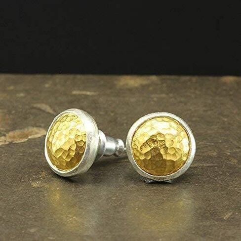 Caprixus 925 Sterling Silver Stud Earrings for Women Dome Pebble Stud Earrings 24K Gold Vermeil 2 Tone Gold and Silver Designer Handmade Hammered Minimalist Jewelry for Women Turkish Fine Jewelry in Saudi Arabia