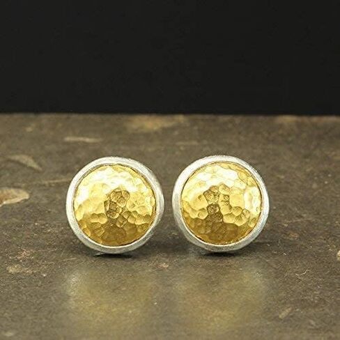 Caprixus 925 Sterling Silver Stud Earrings for Women Dome Pebble Stud Earrings 24K Gold Vermeil 2 Tone Gold and Silver Designer Handmade Hammered Minimalist Jewelry for Women Turkish Fine Jewelry in Saudi Arabia
