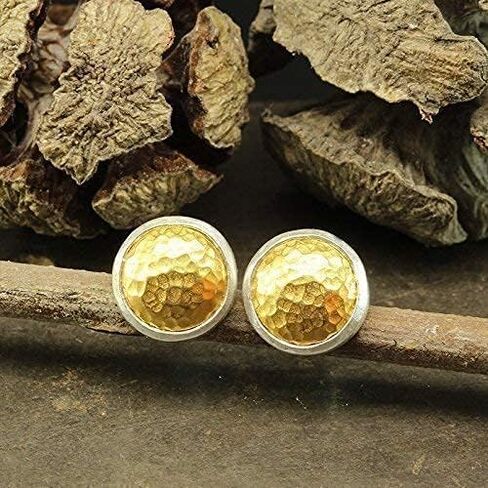 Caprixus 925 Sterling Silver Stud Earrings for Women Dome Pebble Stud Earrings 24K Gold Vermeil 2 Tone Gold and Silver Designer Handmade Hammered Minimalist Jewelry for Women Turkish Fine Jewelry in Saudi Arabia