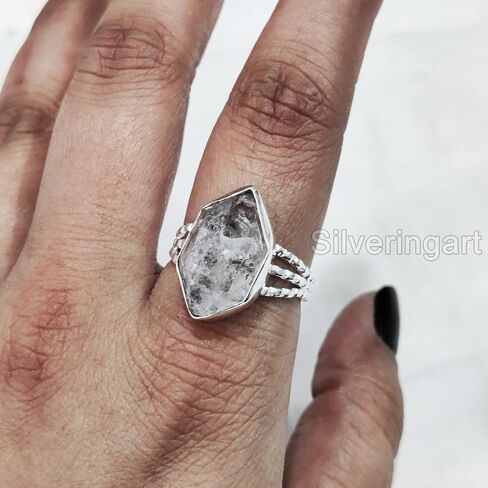 Natural Herkimer Diamond Ring, Rough Herkimer Diamond Ring, 3 Doted Band, 925 Sterling Silver, Womens Ring, Christmas, Thanksgiving, Handmade, Statement Jewelry, Raw Gemstone Jewelry (9) in Saudi Arabia