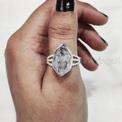 Natural Herkimer Diamond Ring, Rough Herkimer Diamond Ring, 3 Doted Band, 925 Sterling Silver, Womens Ring, Christmas, Thanksgiving, Handmade, Statement Jewelry, Raw Gemstone Jewelry (9) in Saudi Arabia
