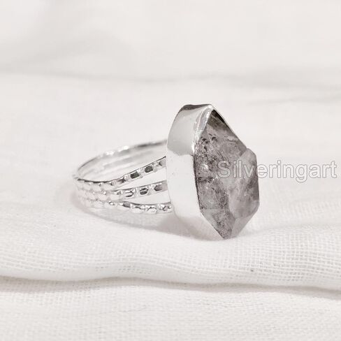 Natural Herkimer Diamond Ring, Rough Herkimer Diamond Ring, 3 Doted Band, 925 Sterling Silver, Womens Ring, Christmas, Thanksgiving, Handmade, Statement Jewelry, Raw Gemstone Jewelry (9) in Saudi Arabia