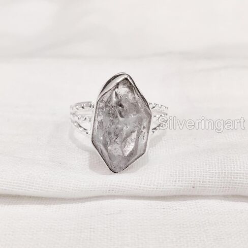 Natural Herkimer Diamond Ring, Rough Herkimer Diamond Ring, 3 Doted Band, 925 Sterling Silver, Womens Ring, Christmas, Thanksgiving, Handmade, Statement Jewelry, Raw Gemstone Jewelry (9) in Saudi Arabia