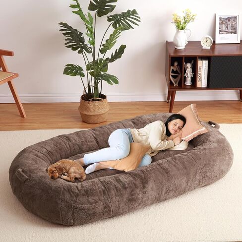 Human Size Dog Bed for Adult People, 71"x43.3"x10" Large Dog Bed for Men and Women, Washable Giant Dog Bed for Pets and Kids, Anti Slip Human Dog Bed with Storage Pocket, Brown in Saudi Arabia