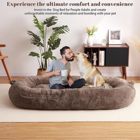 Human Size Dog Bed for Adult People, 71"x43.3"x10" Large Dog Bed for Men and Women, Washable Giant Dog Bed for Pets and Kids, Anti Slip Human Dog Bed with Storage Pocket, Brown in Saudi Arabia