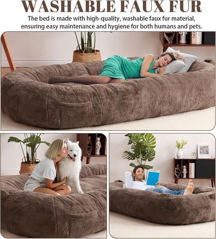 Human Size Dog Bed for Adult People, 71"x43.3"x10" Large Dog Bed for Men and Women, Washable Giant Dog Bed for Pets and Kids, Anti Slip Human Dog Bed with Storage Pocket, Brown in Saudi Arabia