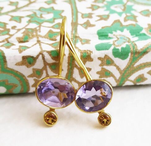 Amethyst and Citrine Gold Plated Sterling Silver Drop Earrings - Mother's Mothers Day Gift Idea - Handmade Gemstone Jewellery Gift Ideas for Women (Amethyst and Citrine) in Kuwait