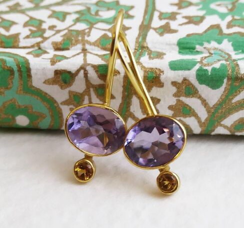 Amethyst and Citrine Gold Plated Sterling Silver Drop Earrings - Mother's Mothers Day Gift Idea - Handmade Gemstone Jewellery Gift Ideas for Women (Amethyst and Citrine) in Kuwait