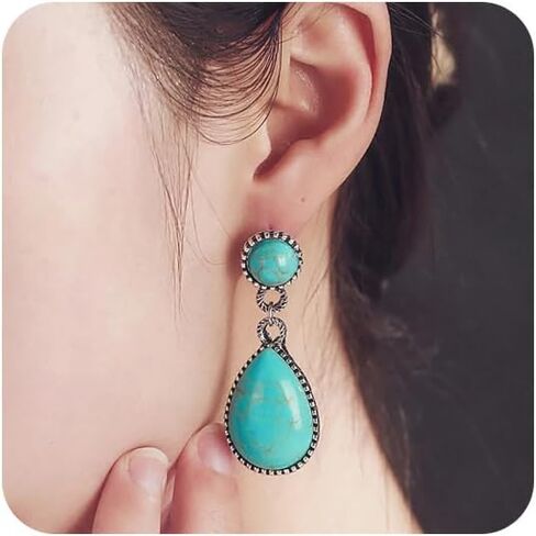 Turquoise Earrings for Women Bohemian Turquoise Oval Drop Dangle Earrings Vintage Western Ethnic Teardrop Earrings Turquoise Jewelry Gifts(Style D) in Saudi Arabia