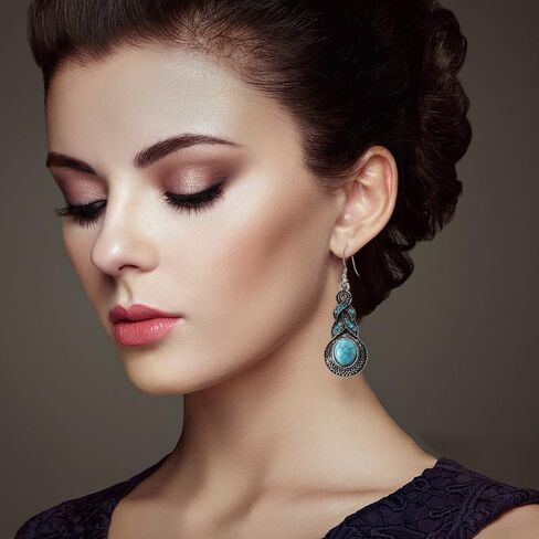 Turquoise Earrings for Women Bohemian Turquoise Oval Drop Dangle Earrings Vintage Western Ethnic Teardrop Earrings Turquoise Jewelry Gifts(Style D) in Saudi Arabia