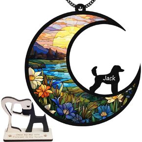 6'' Poodles Dog Memorial Suncatcher & Wooden Dog Paw Keychain Personalized Dog Name Ornament Window Hanging Pet of Loss Dog Sympathy Gift for Dog Lovers Car Hanging SCD-B11-6-56