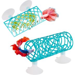 Betta Fish Tube Tunnel Toy, Betta Fish Tank Accessories Decorations, Betta Hammock Bed, Shrimp Guppies Hideout (Blue)