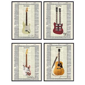 Famous Musicians Guitar - Unframed Dictionary Wall Art Print - Great Gift for Music and Rock n Roll Fans - Cool Home Decor - Lennon, Hendrix, Page, Clapton -Ready to Frame Set of 4-8x10 Vintage Photo