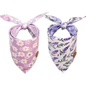 CROWNED BEAUTY Spring Dog Bandanas Reversible Large 2 Pack, Lavender Dreams Set, Floral Plaid Adjustable Triangle Holiday Scarves for Medium Large Extra Large Dogs Pets DB116-L