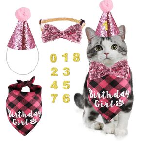 Cat Birthday Supplies, Lovely Cat Birthday Accessories with Pink Plaid Bandana Birthday Hat Birthday Bow Tie Glitter Birthday Numbers for Cat Themed Birthday Party Decor