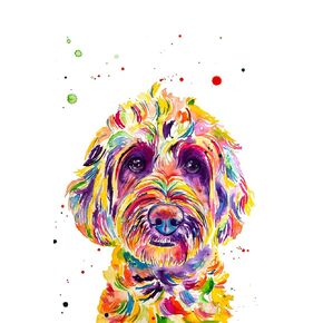 Colorful Goldendoodle art print and sticker combo