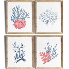 Beach Decor Art Prints (Set of 4) - Unframed - 8x10s | Serene and Inviting Coral-Themed Wall Art Prints | Perfect for Nautical and Ocean-Inspired Home Décor | Bathroom Wall Décor | Apartment Décor