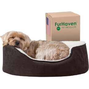 Furhaven Orthopedic Dog Bed for Small Dogs w/ Removable Washable Cover, For Dogs Up to 12 lbs - Sherpa & Suede Oval Lounger - Espresso, Small