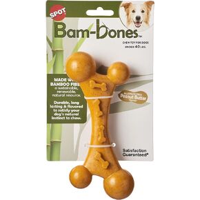 SPOT Bam-Bones Nubby Bone - Made with Strong Bamboo Fiber, Durable Long Lasting Chew Toy for Light to Moderate Chewers for Dogs & Teething Puppies Under 40lbs, 7in Allergen Free Peanut Butter Flavor