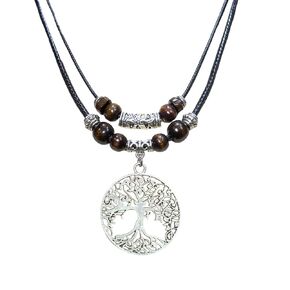 Double Layer Tree of Life Pendant Necklace Wood Beaded Jewelry Gifts for Mens Womens Wife Her Daughter Mom Grandma (Silver)