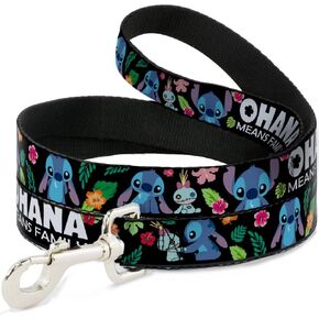 Dog Leash Ohana Means Family Stitch Scrump Poses Tropical Flora Black 6 Feet Long 1.5 Inch Wide
