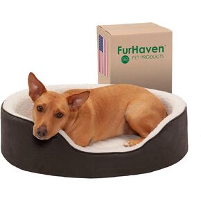 Furhaven Orthopedic Dog Bed for Large/Medium Dogs w/ Removable Washable Cover, For Dogs Up to 30 lbs - Sherpa & Suede Oval Lounger - Espresso, Large