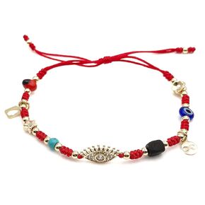 Multi-talisman Charms Bracelet for Women Evil Eye Dainty Peonia Seed Beads Genuine Azabache Jet Stone and Blue Evil Eye Bead Red String.