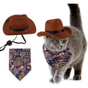 2Pcs Pet Cowboy Hat Costume Accessories Set for Cat Small Dog, Puppy Bandana Scarf Adjustable Brown Western Cowboy Hat for Birthday Halloween Christmas Holiday Party Photo Cosplay and Daily Wearing