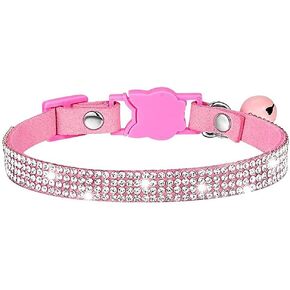 Pimaodog Rhinestones Dog Collar, Cute Dazzling Sparkling Soft Suede Leather Pet Cat Puppy Collars with Bell Soft Velvet Crystal Collars Girl Jeweled Necklace (Pink)