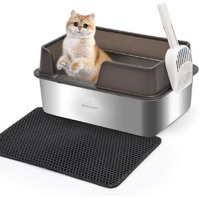 Stainless Steel Cat Litter Box with Lid, Premium Kitty Litter Box for Small to Medium Cats, High Sided Metal Litter Box for Indoor Cats, Non-Stick and Spill-Proof, includes Scoop for Easy Cleaning