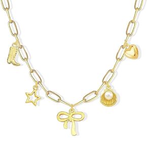 Charm Necklace for Women Dainty Cute Cherry Necklace Handmade Pearl Starfish Conch Shell Bow Sun Flower Strawberry Charms 14k Gold Paperclip Chain Necklace Western Jewelry