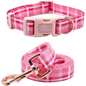Elegant little tail Dog Collar with Leash, Pink Plaid Pet Collar Leash Adjustable Collar for Small Medium Large Dogs Soft Puppy Collars with Quick Release Buckle Girl Boy Dog Collars