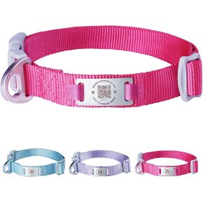 ADVENTUREMORE Smart ID Tag QR Code Nylon Dog Collar - Prevents Small, Medium, Large Dogs from Getting Lost at Night, Displays Owner and Pet Details - Durable, Adjustable, Thick-Rose-Medium