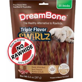 Dreambone Triple Flavor Swirlz No Chicken Added for Dogs, 25 Count, Treat Your Dog to Easy-to-Digest Rawhide-Free Chews Made with Real Beef, Peanut Butter and Pork