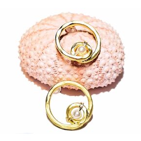 Cultured Freshwater Pearls Earrings Modern Hammered Circle Matte 14K Gold Plated Earrings Round Dainty Lightweight Earrings USA HANDMADE