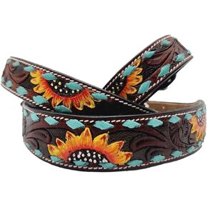 Full Grain Leather Dog Collar with Turquoise Sunflower Design - Durable, Comfortable, Adjustable Pet Collar for Small, Medium, and Large Dogs - Stylish and Secure - Medium